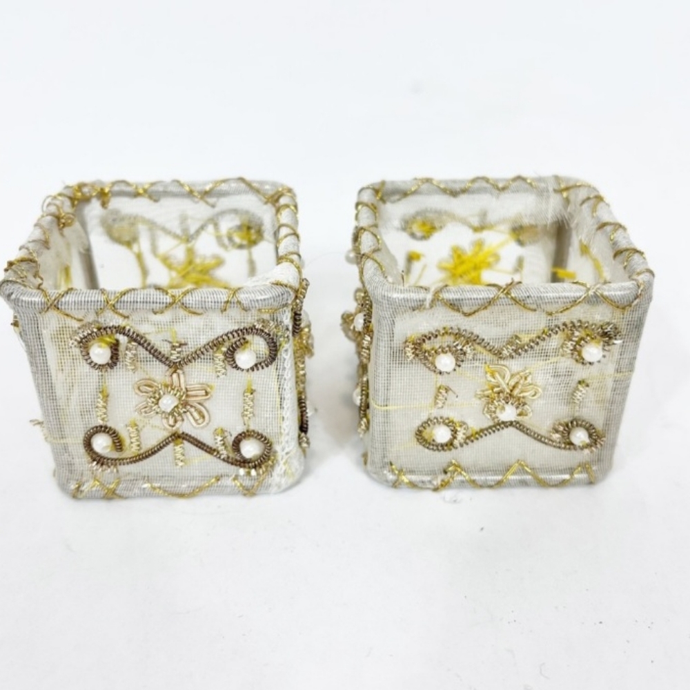 Pier 1 Imports Napkin Ring Holders 8 Square White Mesh Gold Pearl Holiday